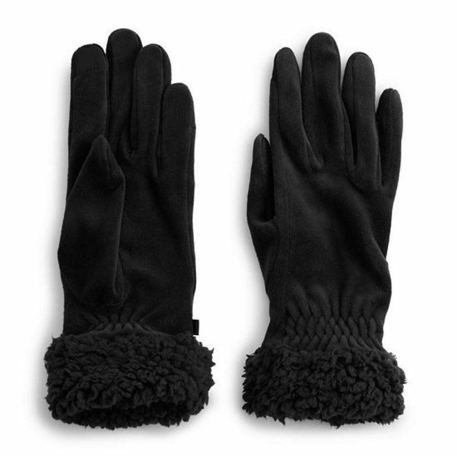 Womens * | Women'S Cuddl Duds Double Plush Velour & Sherpa Cuff Gloves