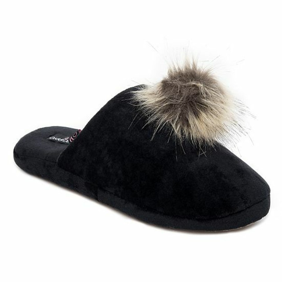 Boys * | Women'S Cuddl Duds Velour Scuff With Velour Lining & Faux Fur Pom Tpr Cup Sole Slippers