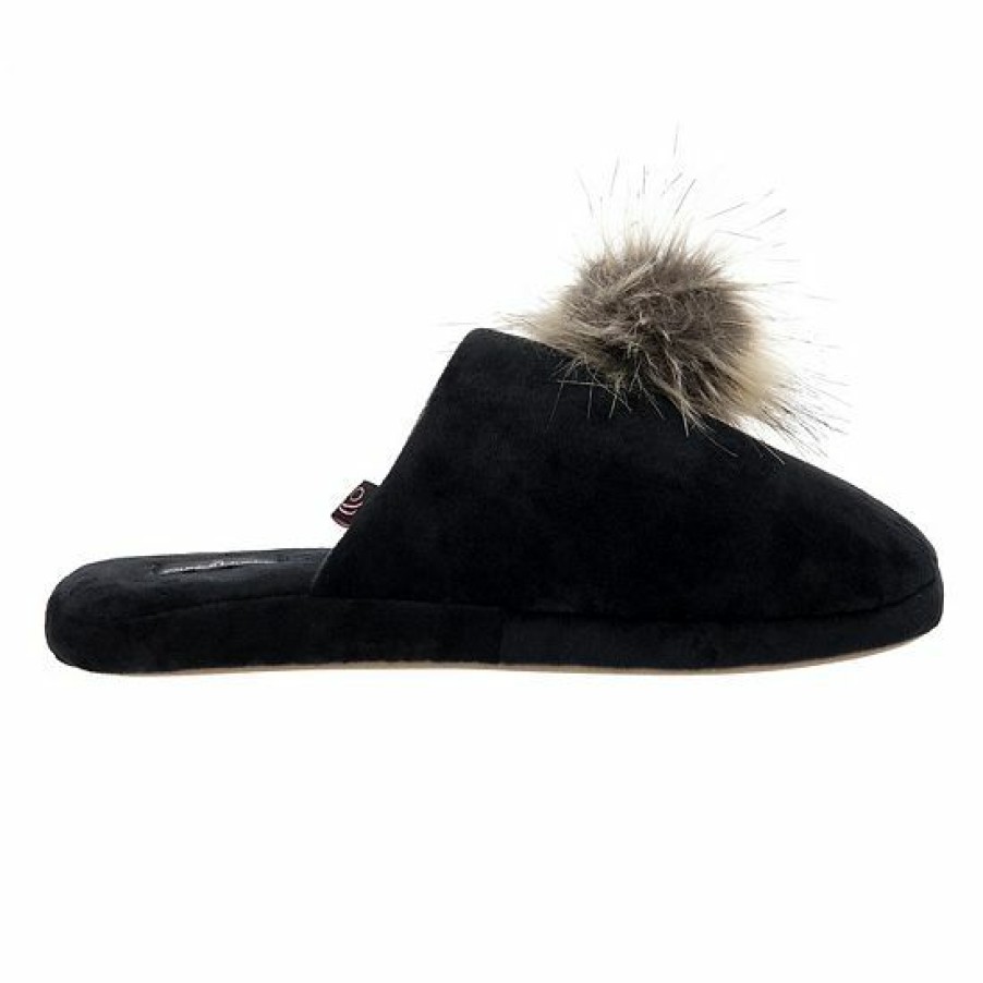 Boys * | Women'S Cuddl Duds Velour Scuff With Velour Lining & Faux Fur Pom Tpr Cup Sole Slippers