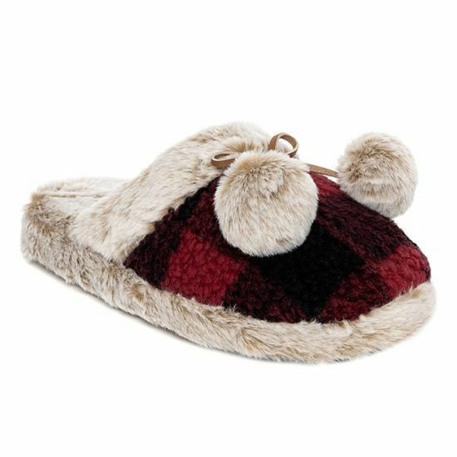 Boys * | Women'S Cuddl Duds Printed Plaid Sherpa Scuff With Faux Fur Lining & Pom Poms Slippers