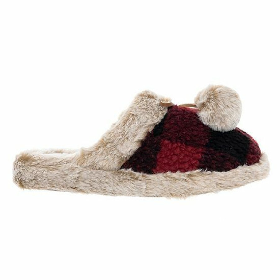 Boys * | Women'S Cuddl Duds Printed Plaid Sherpa Scuff With Faux Fur Lining & Pom Poms Slippers