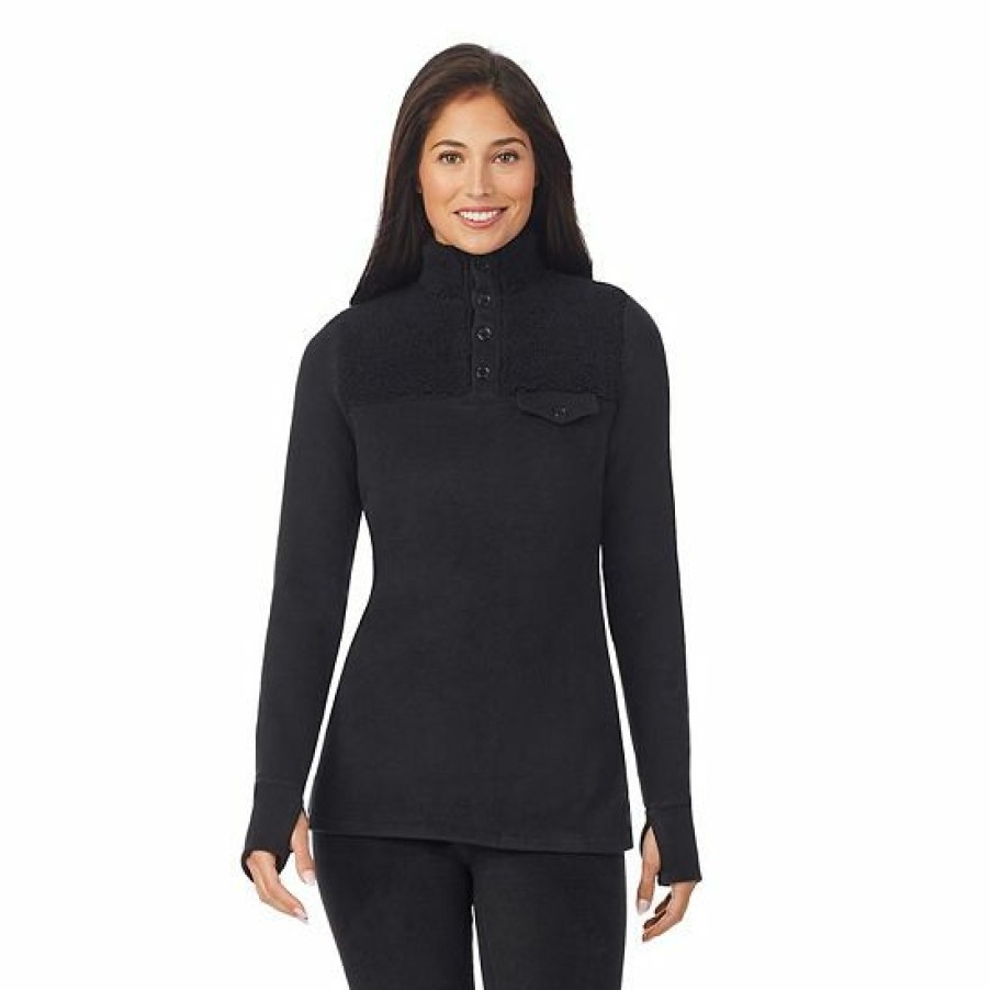 Womens * | Women'S Cuddl Duds Fleecewear With Stretch Mock Henley Long Sleeve Top With Sherpa