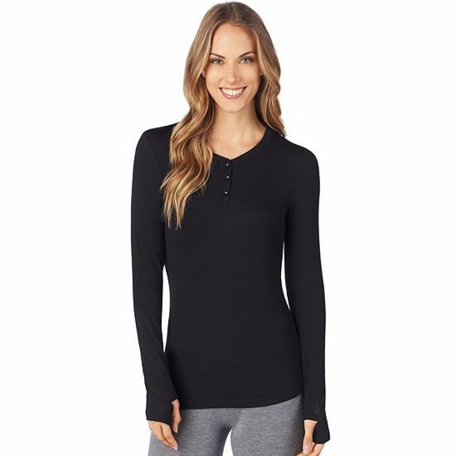 Womens * | Women'S Cuddl Duds Softwear With Stretch Ribbed Long Sleeve Henley Top